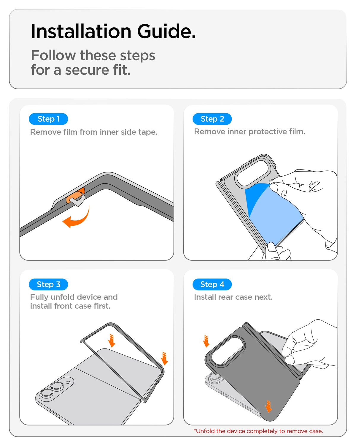 ACS11782 - iPhone Duo Ultra Hybrid Pro S (Mag Fit) showing a four-step installation guide for removing protective films and securely installing the front and rear case