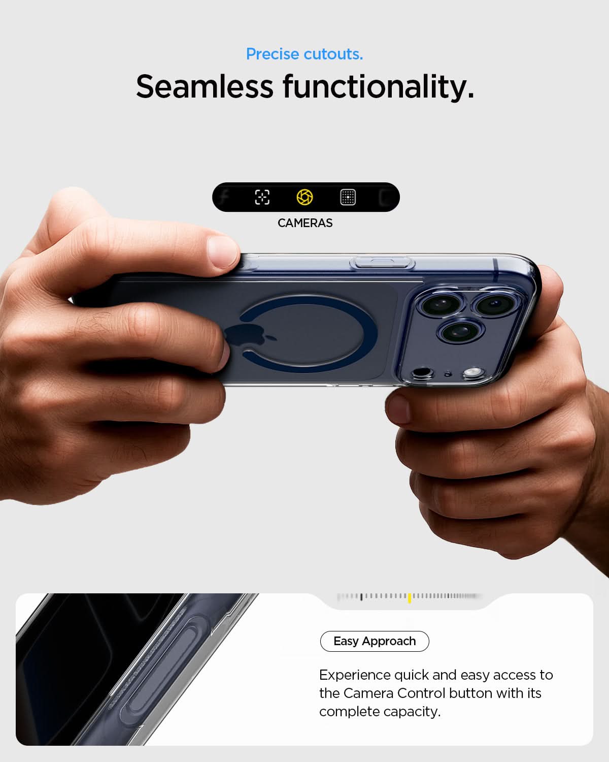 ACS10953 - iPhone 17 Pro Max Ultra Hybrid (MagFit) in Clear Deep Blue showing precise cutouts. seamless functionality. easy approach. experience quick and easy access to the camera control button with its complete capacity.