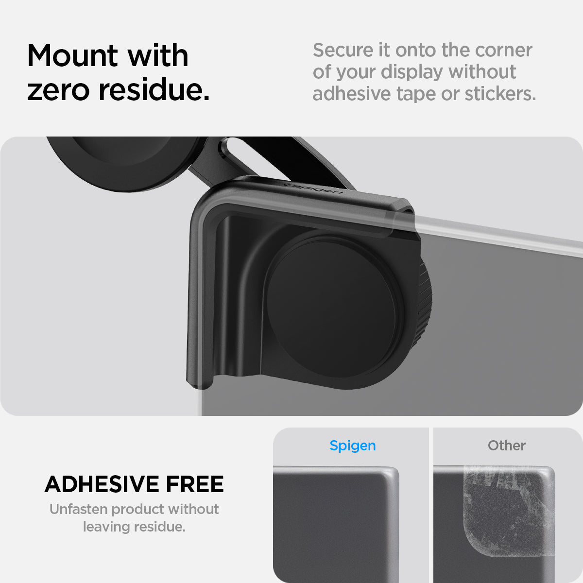 ACP07869 - Tesla Models OneTap Screen Car Mount ITLST90 (MagFit) Mount with zero residue and adhesive free. Secure it onto the corner of your display without adhesive tape or stickers. Shows the difference between Spigen and other products.