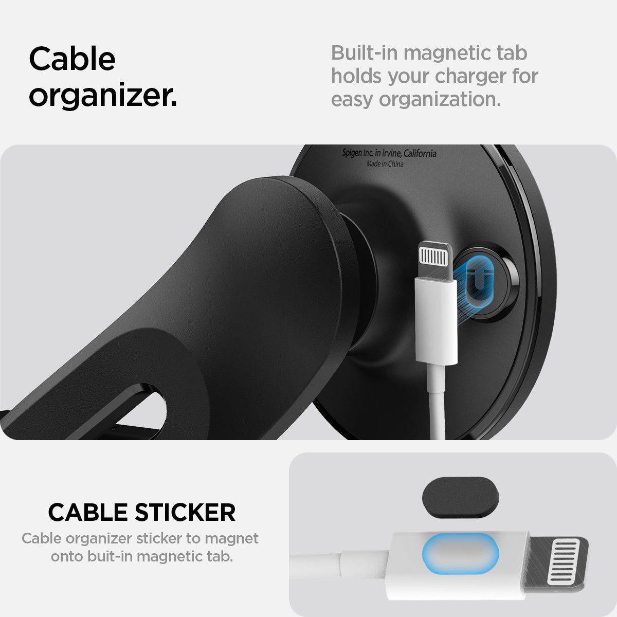ACP07869 - Tesla Models OneTap Screen Car Mount ITLST90 (MagFit) have cable organizer. Built in magnetic tab holds your charger for easy organization. Explain cable sticker, cable organizer ticker to magnet onto built-in magnetic tab.