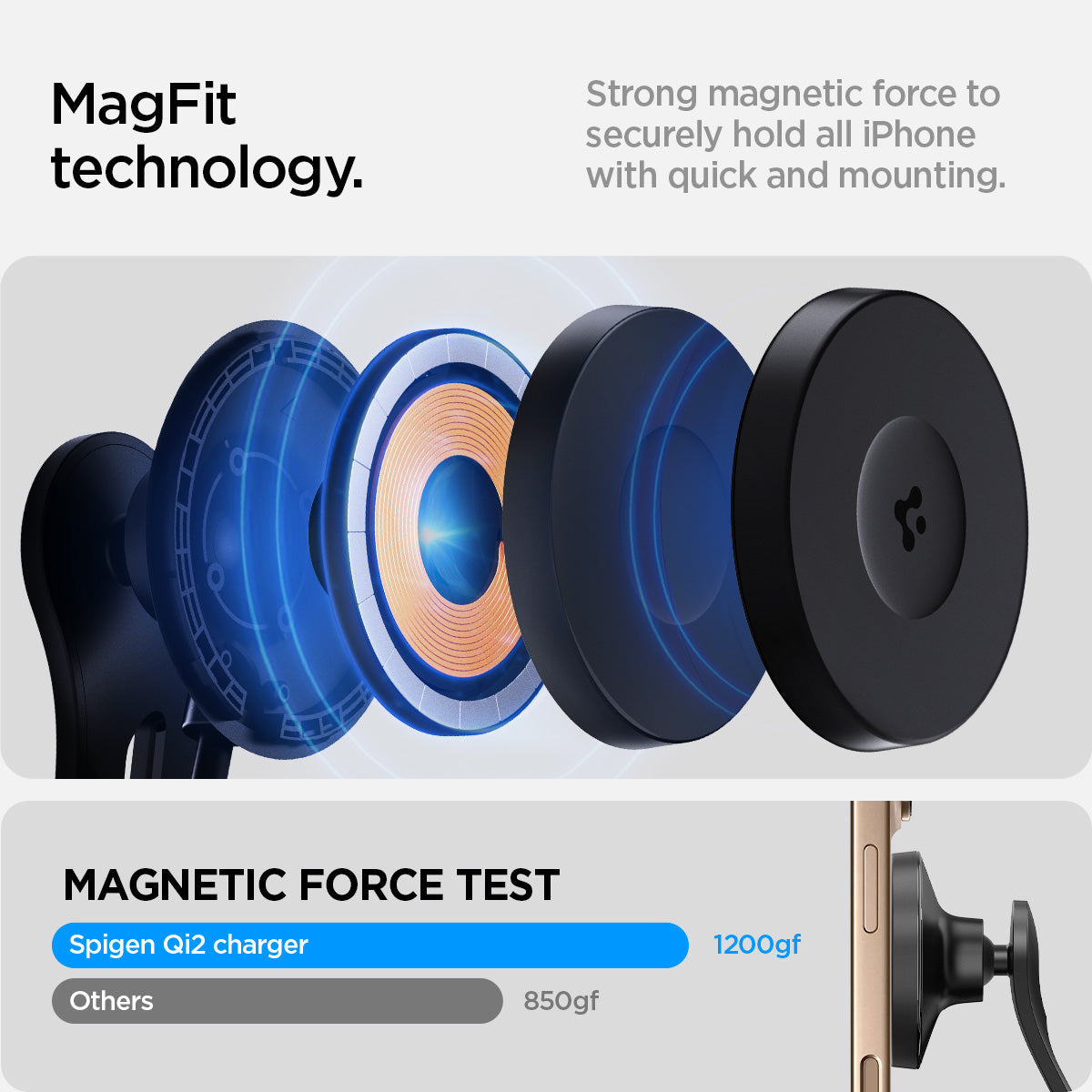 ACP07869 - Tesla Models OneTap Screen Car Mount ITLST90 (MagFit) Magfit technology. Strong magnetic force to securely hold all iPhone with quick and mounting. Shows the difference between Spigen and other products.