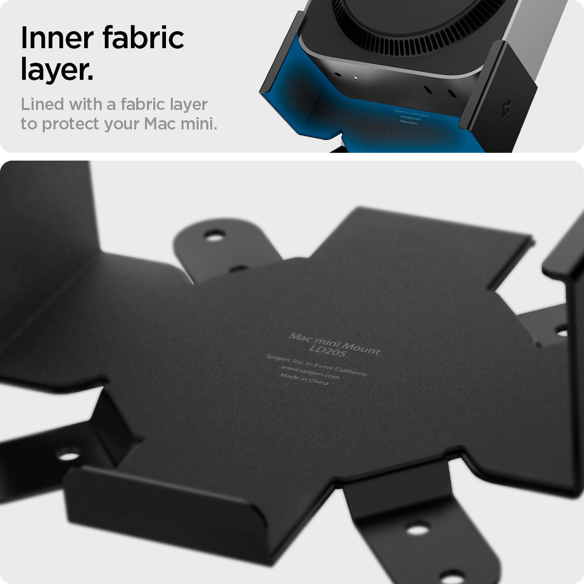 AMP09226 - Mac Mini M4 Mount LD205 in Charcoal Gray showing the inner fabric layer. Lined with a fabric layer to protect your Mac mini
