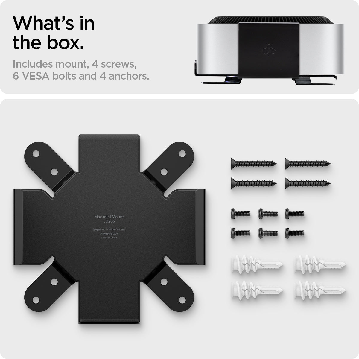 AMP09226 - Mac Mini M4 Mount LD205 in Charcoal Gray showing the what's in the box. Includes mount, 4 screws, 6 VESA bolts and 4 anchors