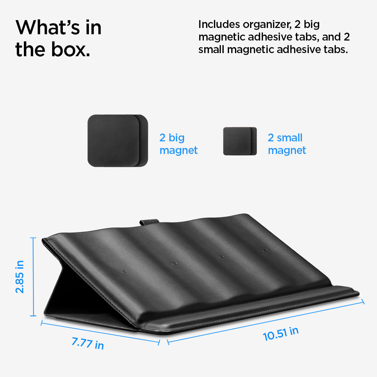 AHP09277 - Universal Remote Control | LD401 what's in box. Includes organizer, 2 big magnetic adhesive tabs. 2 big magnet, 2 small magnet. 2.85 in, 7.77 in, 10.51 in.