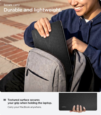 ACS06958 - MacBook Air 15-inch Case Urban Fit in Black showing lightweight MacBook Air case with textured surface grip fitting easily into a backpack
