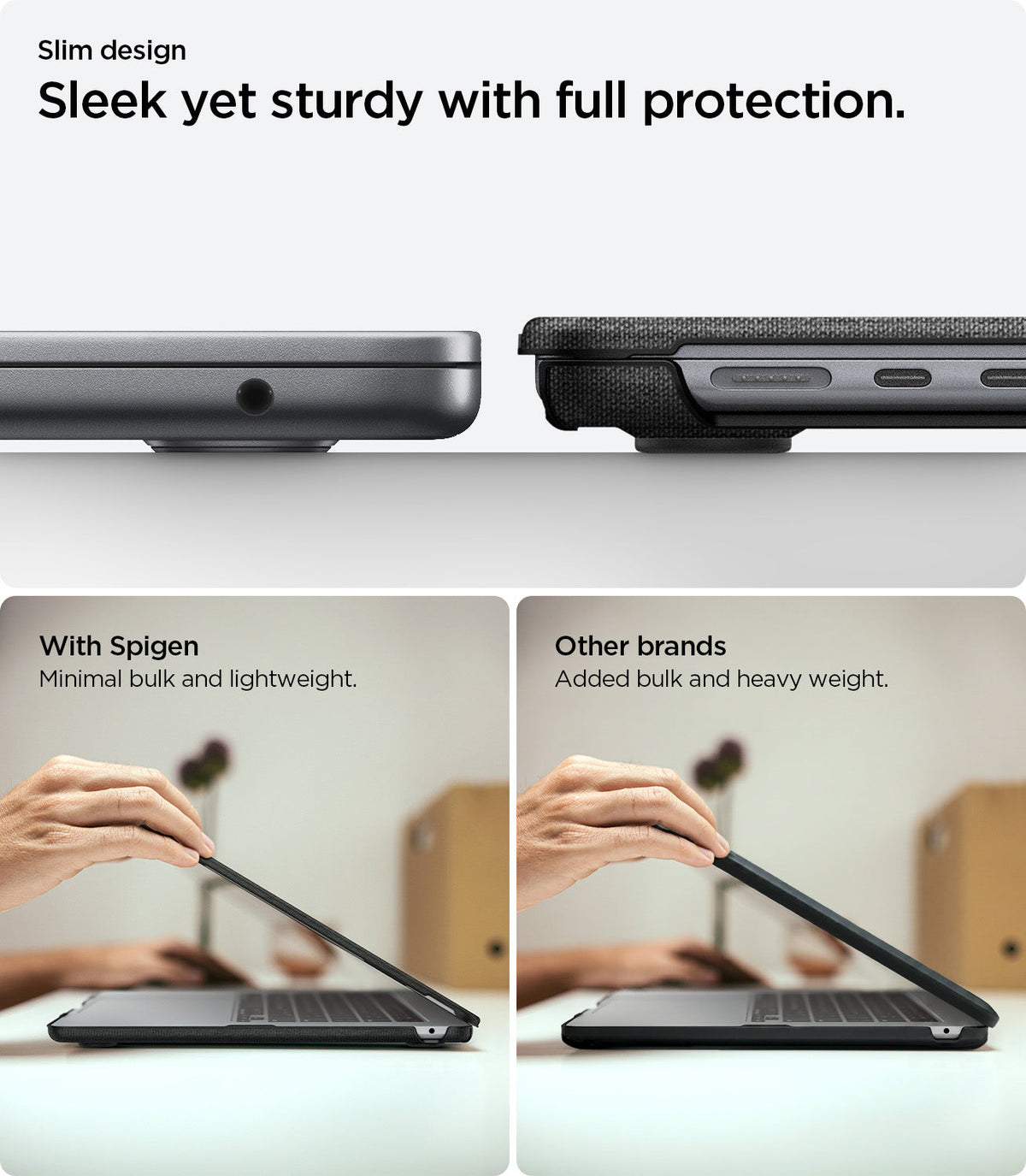 ACS06958 - MacBook Air 15-inch Case Urban Fit in Black showing slim and lightweight Urban Fit MacBook Air case compared to bulkier laptop cases
