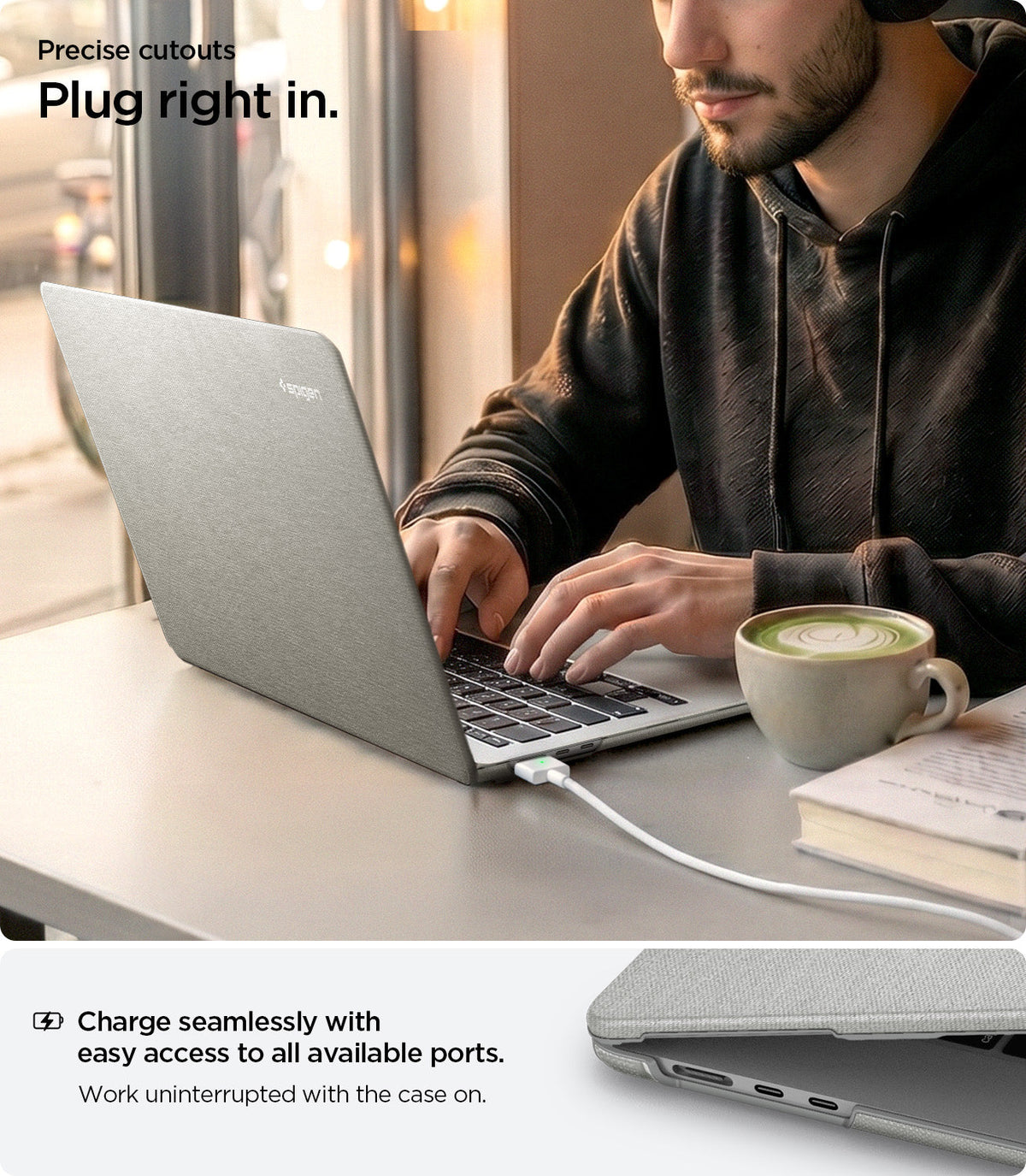 ACS10974 - MacBook Air 13-inch in Heather Gray showing lifestyle shot of working at cafe with charger plugged in; highlights precise cutouts for easy access to all ports