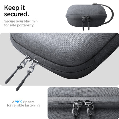 AFA09214 - Mac Mini M4 Klasden Pouch in Charcoal Gray showing the secure your Mac mini M4 for safe portability, 2 YKK zippers for reliable fastening