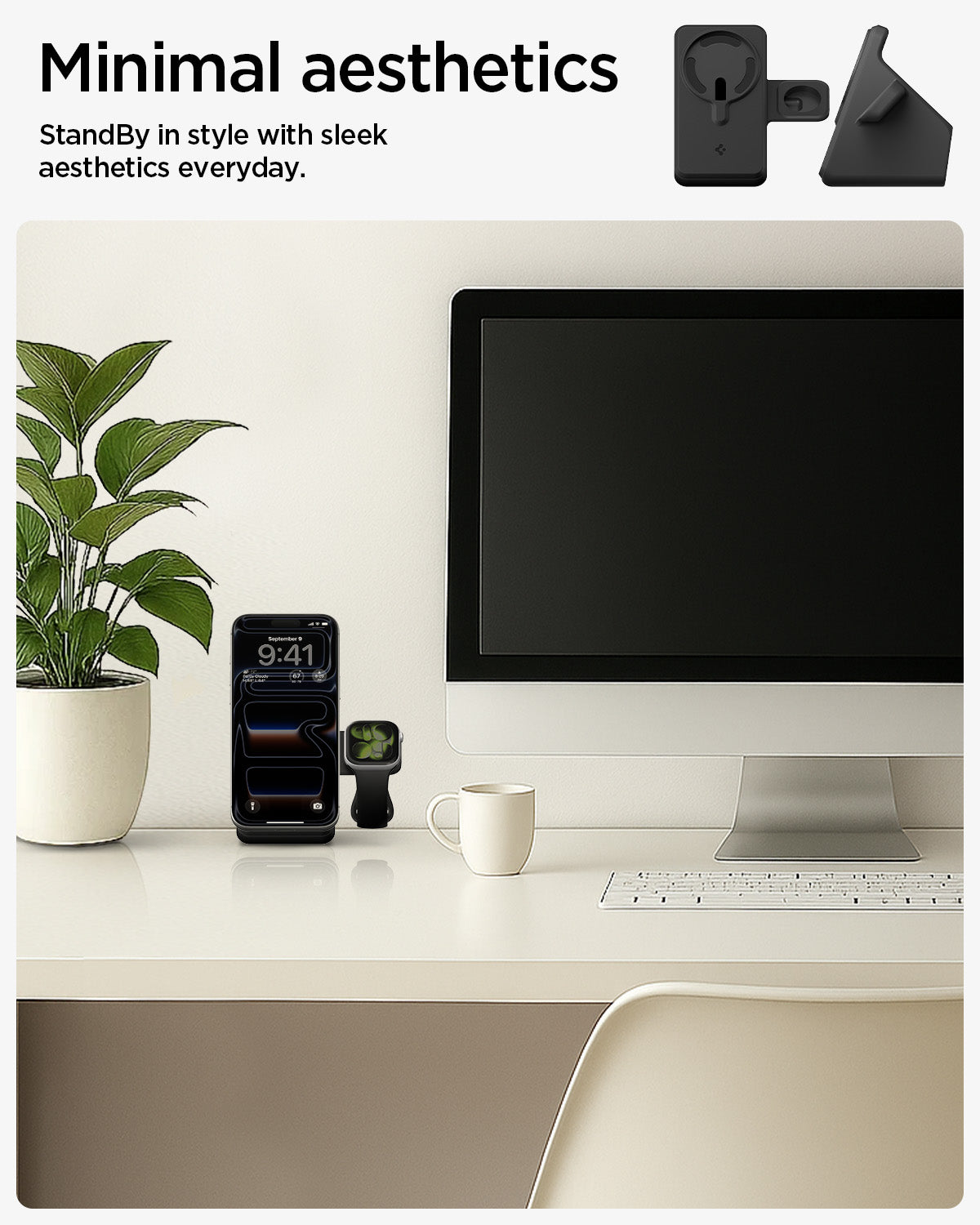 AMP09172 - Magsafe Duo Charger Stand (Mag Fit) in Black showing the minimal aesthetics. StandBy in style with sleek aesthetics every day.