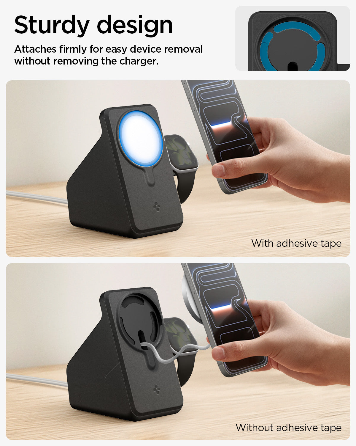 AMP09172 - Magsafe Duo Charger Stand (Mag Fit) in Black showing the sturdy design. Attaches firmly for easy device removal without removing the charger.