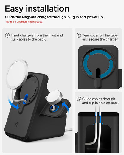 AMP09172 - Magsafe Duo Charger Stand (Mag Fit) in Black showing the easy installation. Guide the Magsafe chargers through, plug-in and power-up. 1. Insert charges from the front, and pull cables to the back 2. Tear cover off the tape and secure the charger 3. Guide cables through and clip in hole on back.
