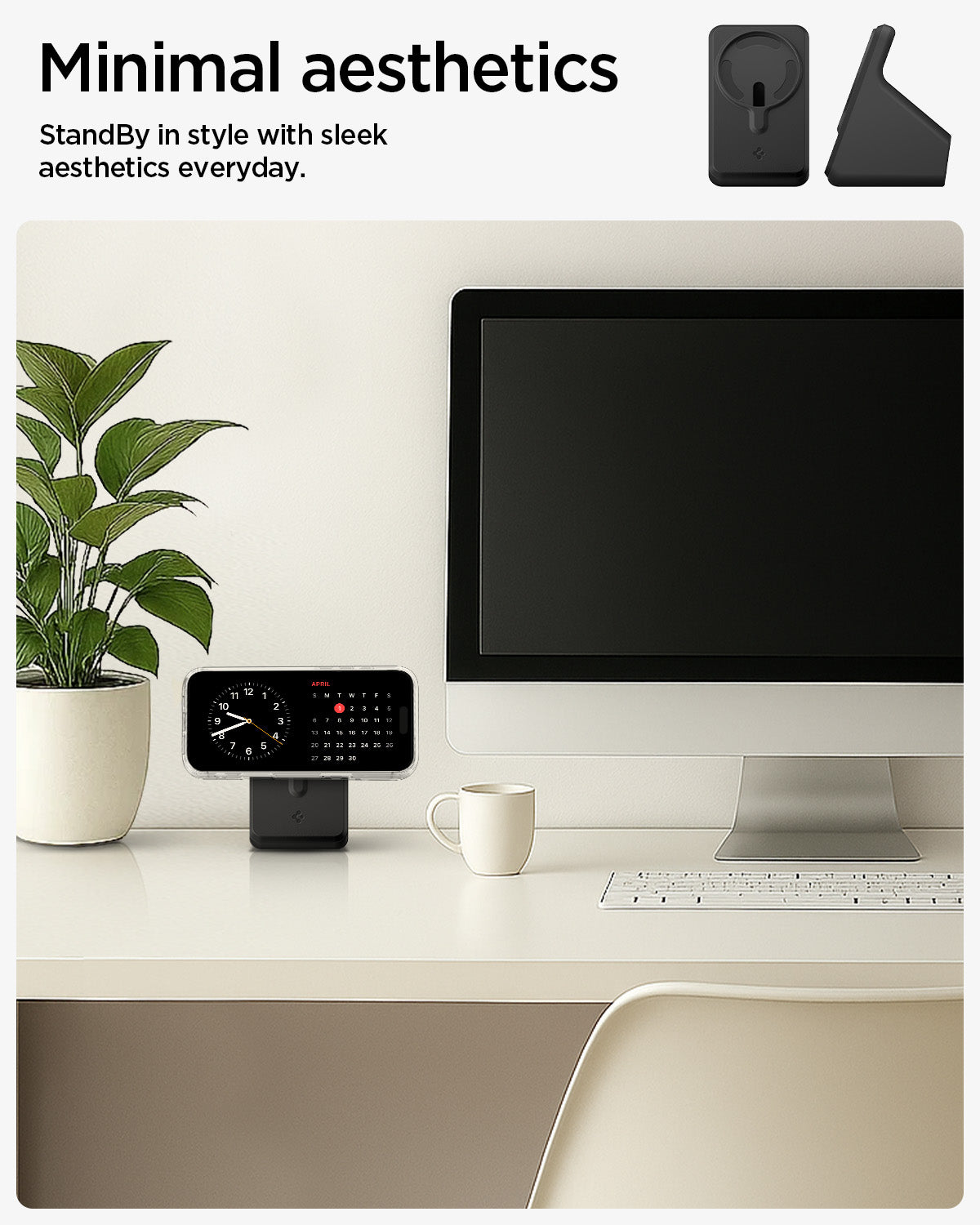 AMP09170 - Magsafe Charger Stand (Mag Fit) in Black showing the minimal esthetics. StandBy in style with sleek aesthetics everyday.