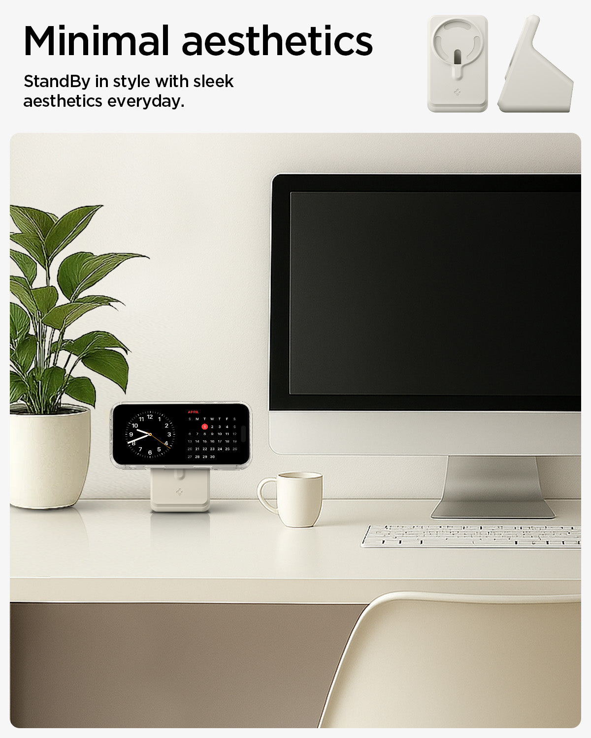 AMP09171 - Magsafe Charger Stand (Mag Fit) in Dune Beige showing the minimal esthetics. StandBy in style with sleek aesthetics everyday.