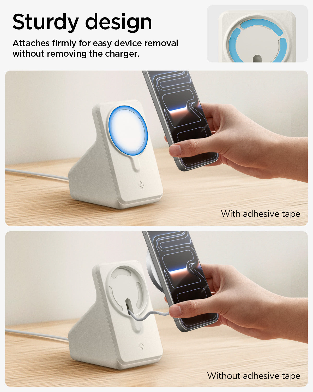 AMP09171 - Magsafe Charger Stand (Mag Fit) in Dune Beige showing the sturdy design. Attaches firmly for easy device removal without removing the charger