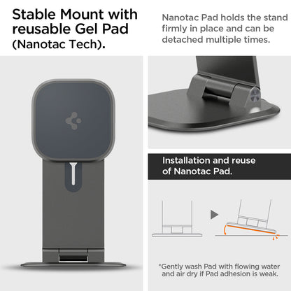 AMP06414 - OneTap Easel Magnetic Stand (MagFit) in black showing the stable mount with reusable Gel Pad (Nanotac Tech}. Nanotec Pad holds the stand firmly in place and can be detached multiple times. Installation and reuse of Nanotac Pad (Gently wash Pad with flowing water and air dry if Pad adhesion is weak)