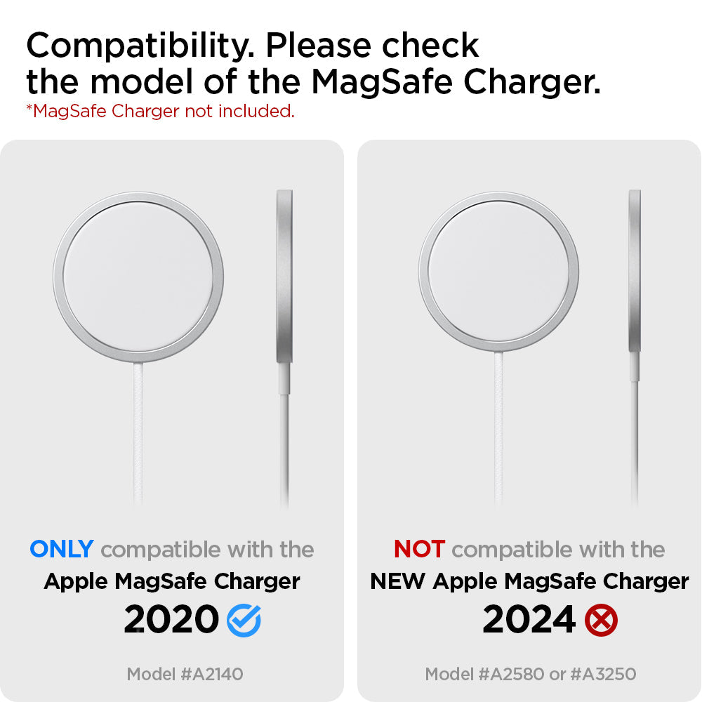 AMP02817 - Apple Airpods Max MagFit Stand in silver showing the compatibility, only compatible with the apple magsafe charger 2020 and not with new apple magsafe charger 2024