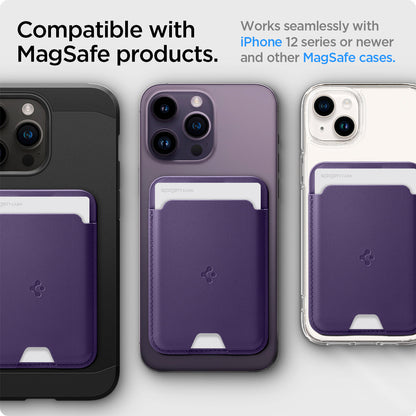 AFA06267 - MagSafe Card Holder Valentinus (MagFit) in purple showing the compatible with magsafe prodcuts, works seamlessly with iphone 12 series or newer and other magsafe cases