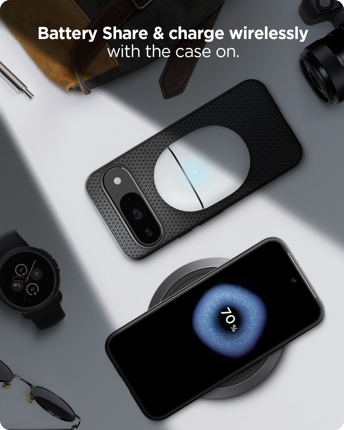 ACS07682 - Pixel 9 Pro Case Liquid Air in Matte Black battery share and charge wirelessly with the case on.