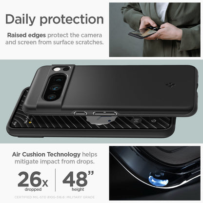 ACS06325 - Pixel 8 Pro Case Thin Fit in black daily protection raised edges protect the camera and screen from surface scratches. Air cushion technology helps mitigate impact from drops.