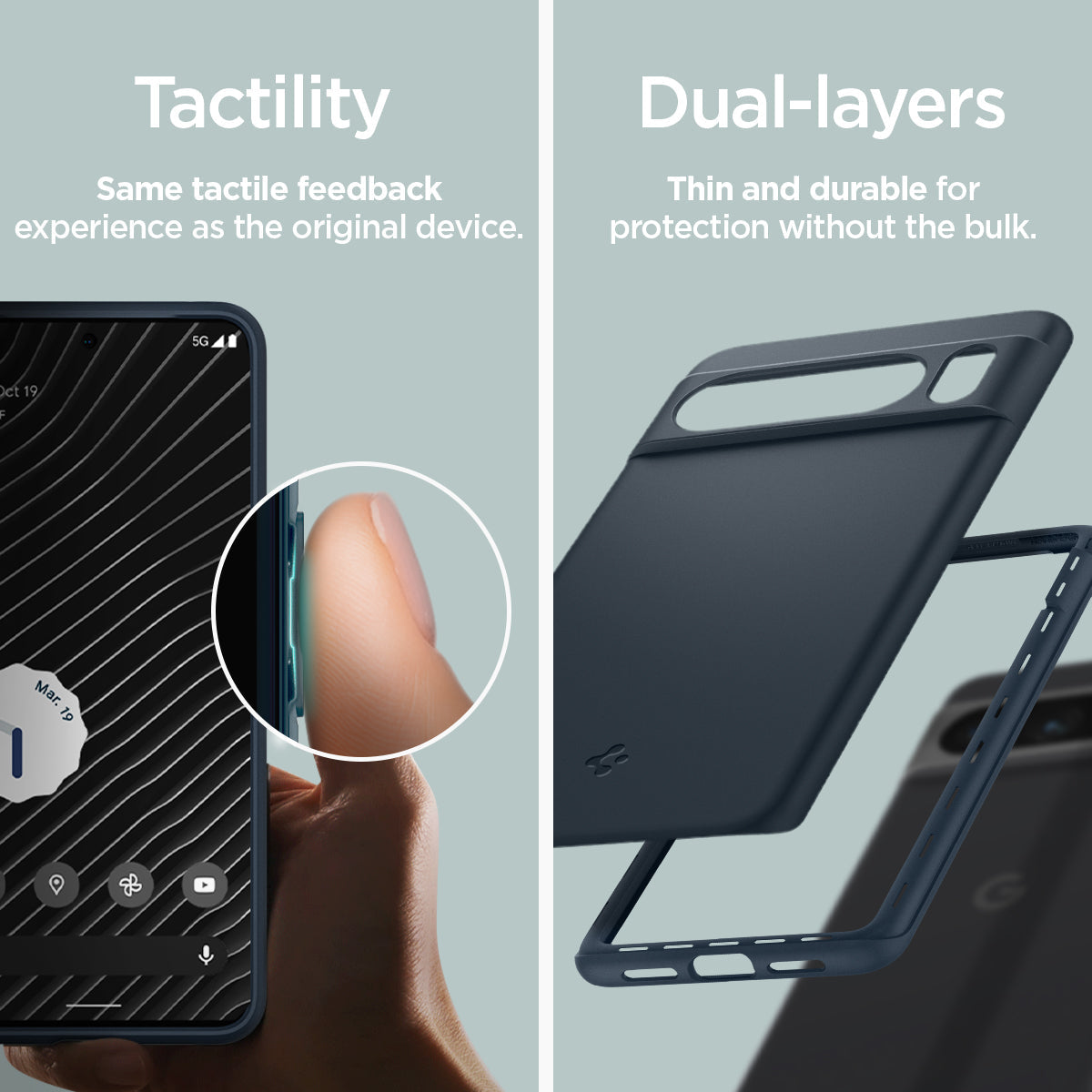 ACS06326 - Pixel 8 Pro Case Thin Fit in metal slate tactility same tactile feedback experience as the original device. Dual layers thin and durable for protection without the bulk.