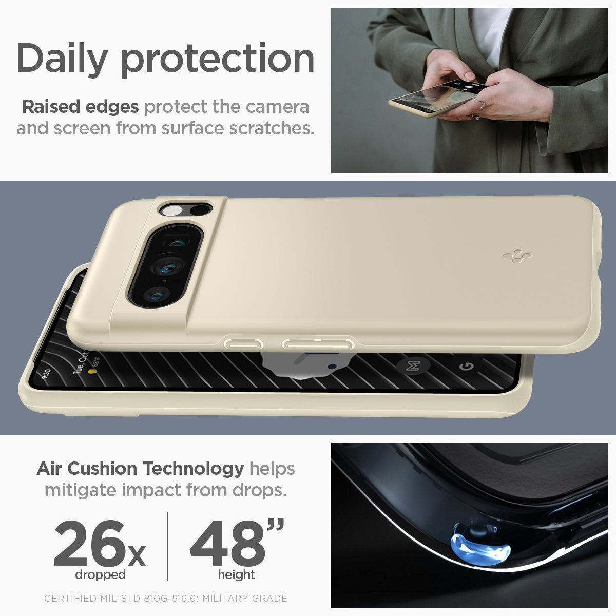 ACS06328 - Pixel 8 Pro Case Thin Fit in mute beige daily protection raised edges protect the camera and screen from surface scratches. Air cushion technology helps mitigate impact from drops.