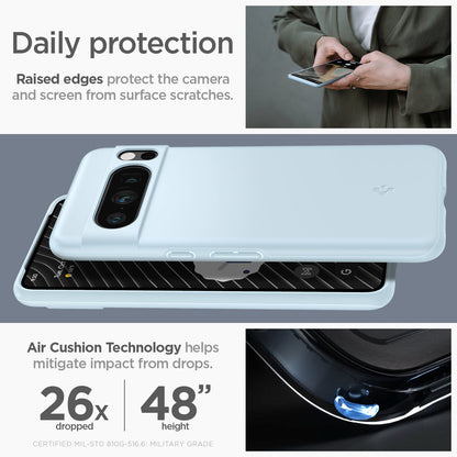 ACS06327 - Pixel 8 Pro Case Thin Fit in mute blue daily protection raised edges protect the camera and screen from surface scratches. Air cushion technology helps mitigate impact from drops.