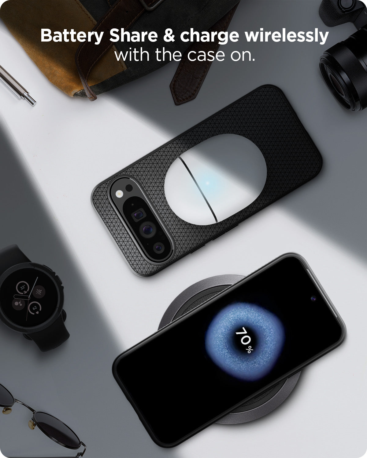 ACS07716 - Pixel 9 Pro XL Case Liquid Air in Matte Black battery share and charge wirelessly with the case on.