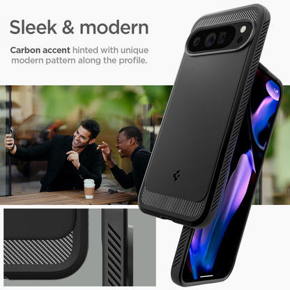 ACS07719 - Pixel 9 Pro XL Case Rugged Armor in Matte Black sleek and modern carbon accent hinted with unique modern pattern along the profile.