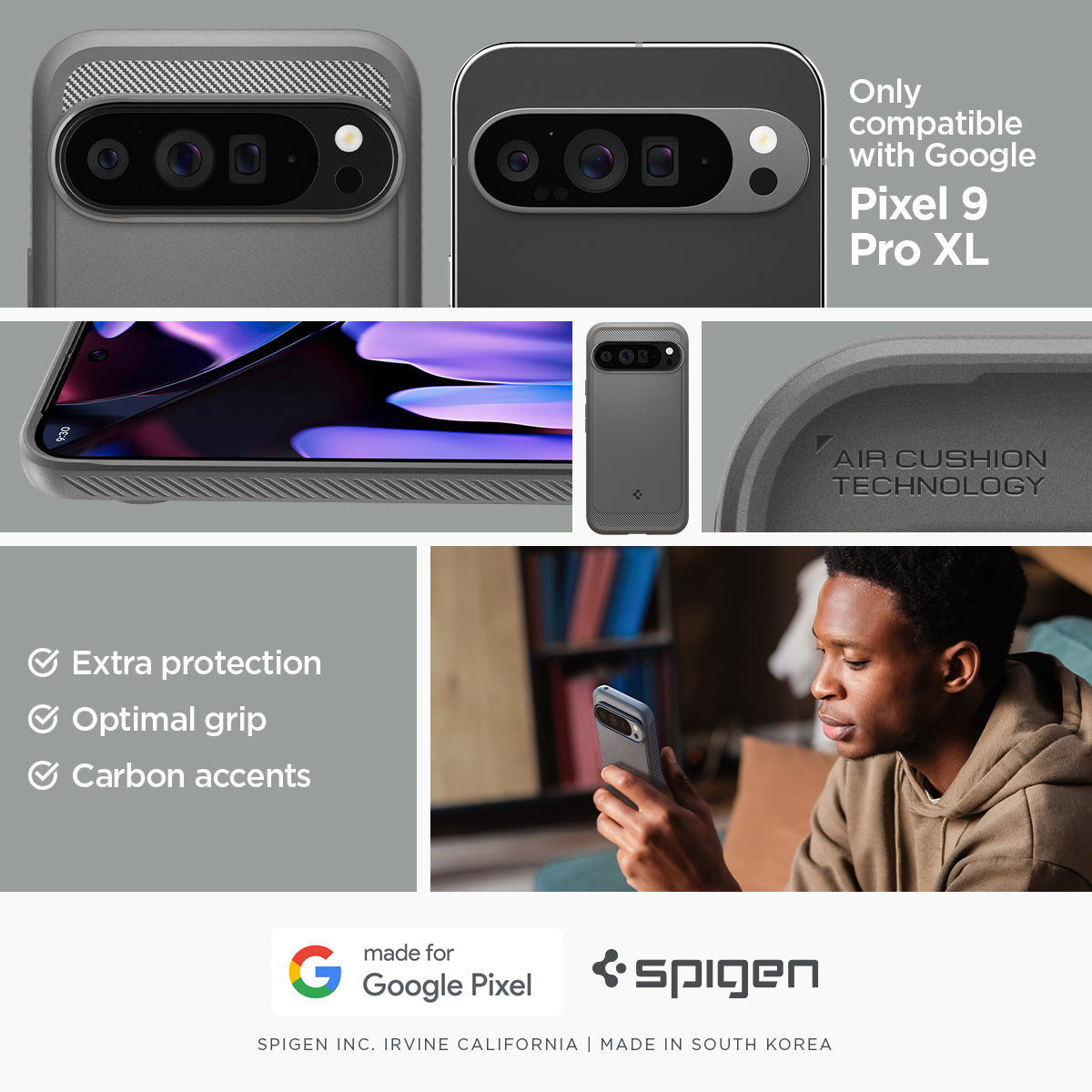 ACS07784 - Pixel 9 Pro XL Case Rugged Armor in Marble Gray only compatible with Pixel 9 pro XL. Extra protection. optimal grip. carbon accents.