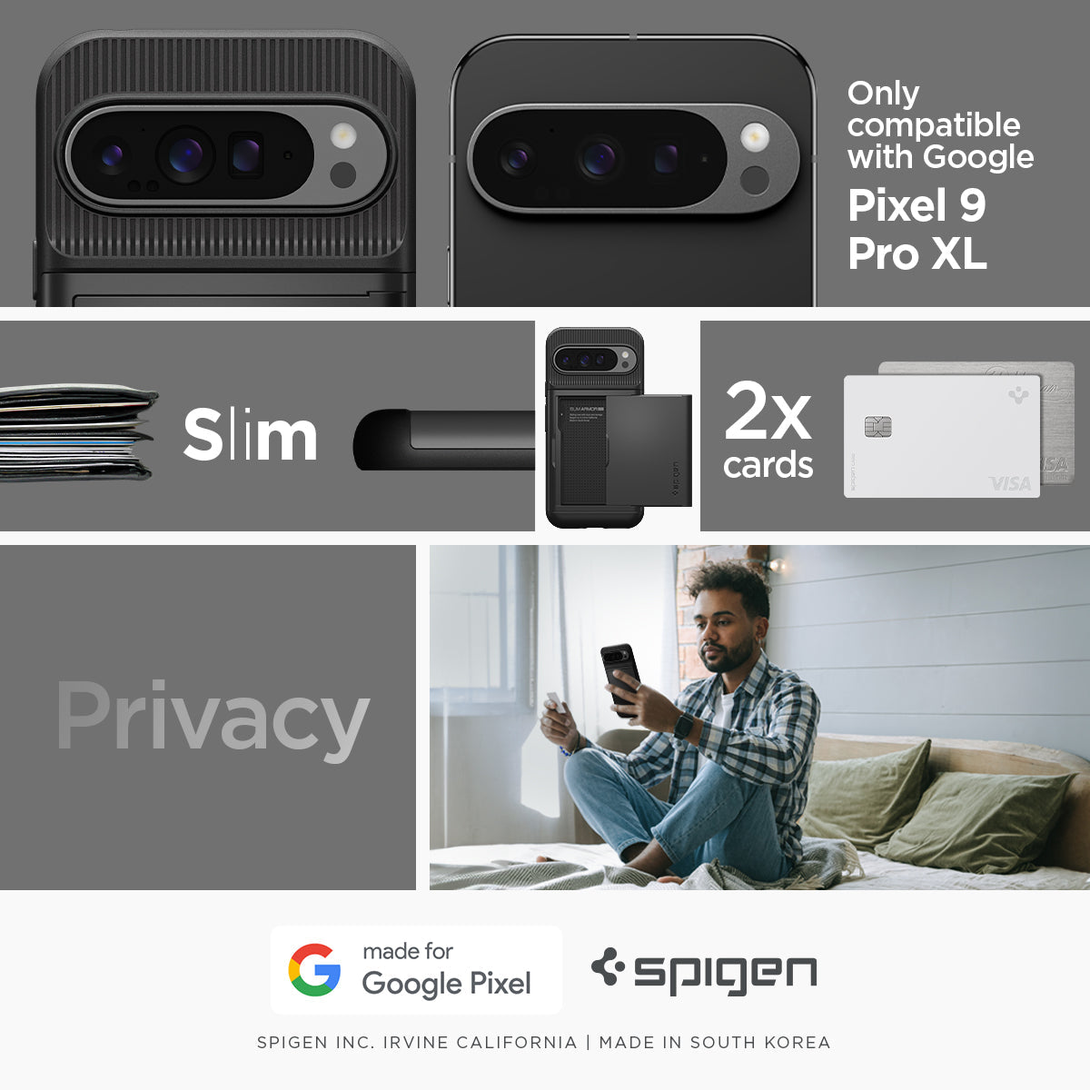 ACS07729 - Pixel 9 Pro XL Case Slim Armor CS in Black only compatible with Google Pixel 9 pro XL. Slim, Privacy 2x cards.