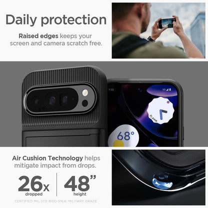 ACS07729 - Pixel 9 Pro XL Case Slim Armor CS in Black daily protection raised edges protect the camera and screen from surface scratches. Air cushion technology helps mitigate impact from drops.
