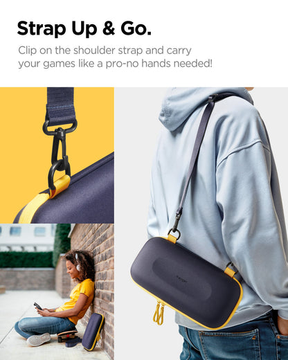 AGP09565 - Nintendo Switch 2 Nano Pop Pro Blueberry Navy showing clipping on the shoulder strap and carry your games like a pro-no hands needed just strap and go