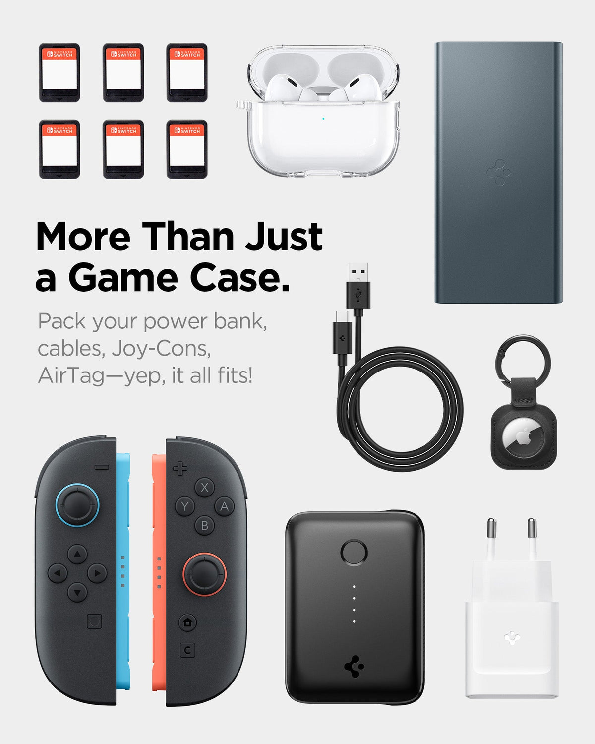 AGP09565 - Nintendo Switch 2 Nano Pop Pro Blueberry Navy showing pack your power bank, cables, Joy-cons, AirTag it all fits
