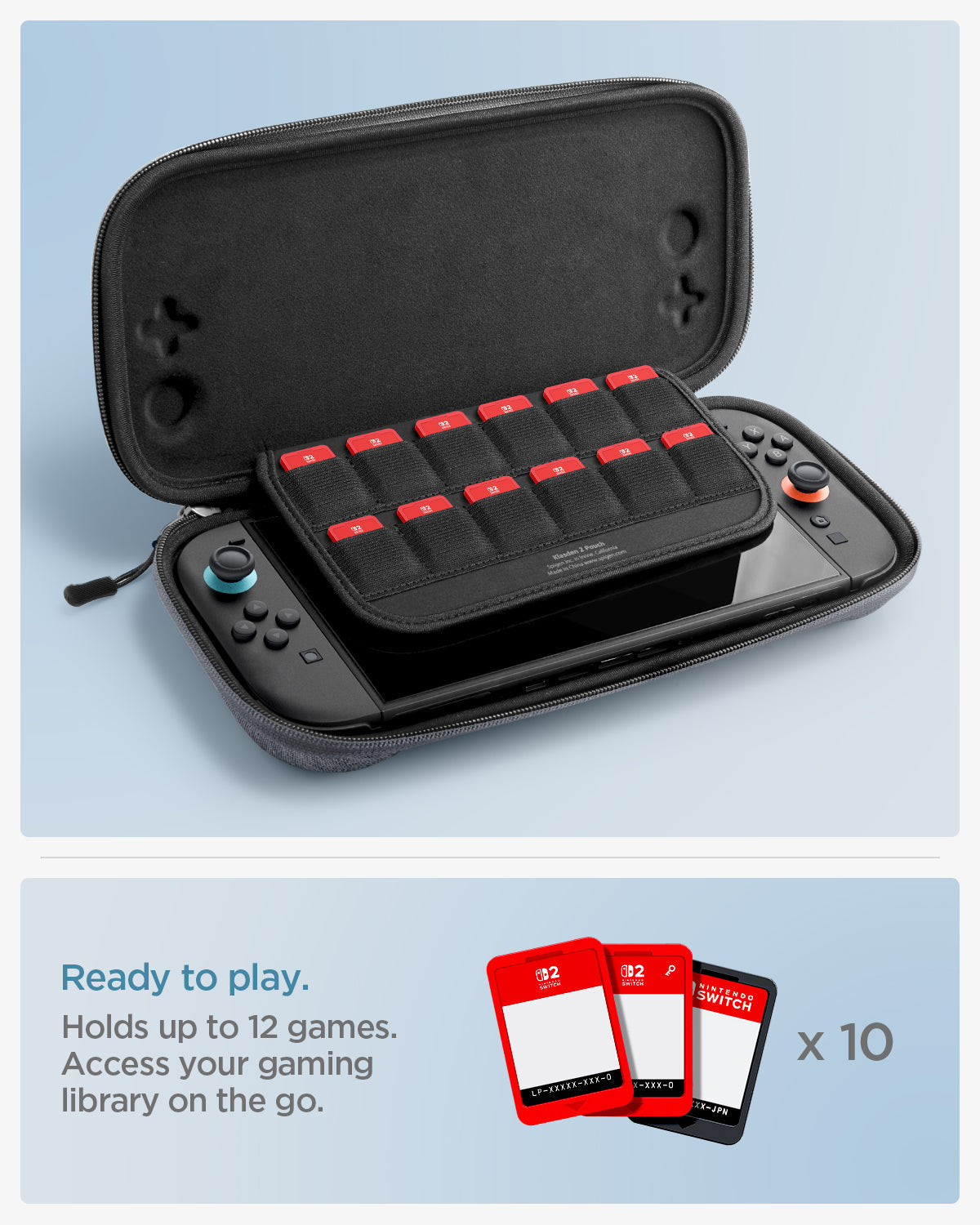 AGP10197 - Nintendo Switch 2 Klasden Pouch 2 in Charcoal Gray showing the "Ready to Play." Up to 12 games access your gaming library on the go.