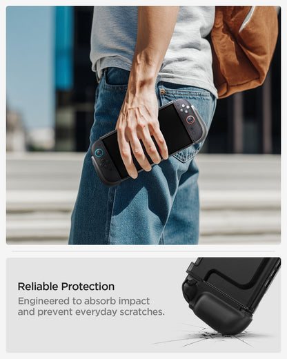 ACS10167 - Nintendo Switch 2 Ultra Hybrid Frost Black case held in hand outdoors demonstrating portable grip and impact absorbing corner protection