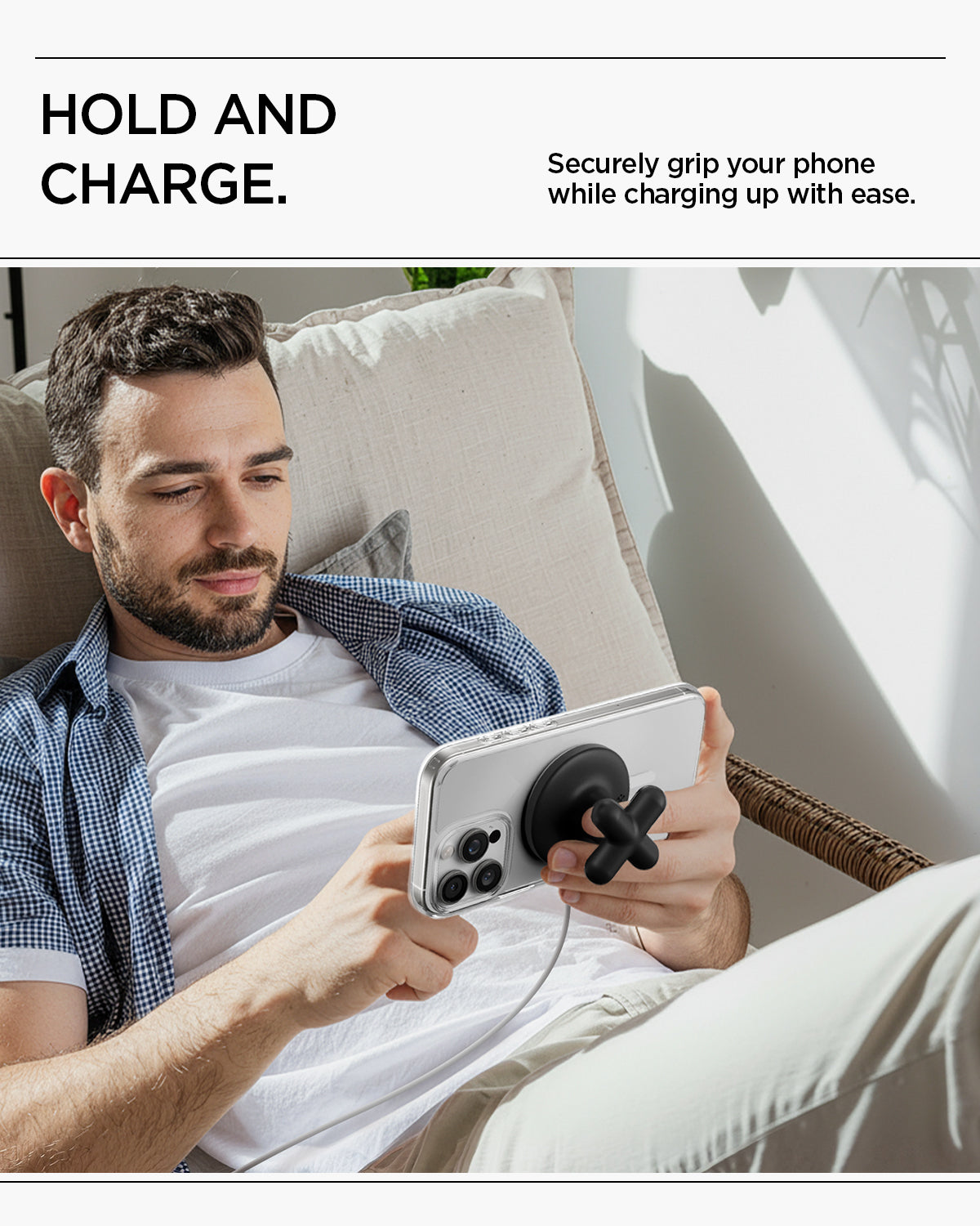 AMP10137 - O-Mag Charging Grip (MagFit) | OM107 in Black showing hold and charge. securely grip your phone while charging up with ease