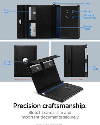 AFA08852 - Passport Holder AirTag in Black showing the precision craftsmanship. Slots fit cards, sim and important documents securely with card slots, d ring, SIM slot, SIM ejector pin (included), passport holder, AirTag storage and pen holder