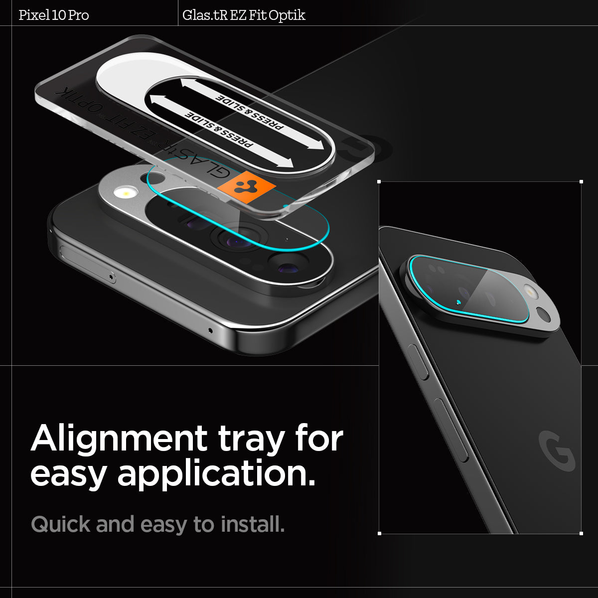 AGL09662 - Pixel 10 Pro Optik EZ Fit Lens Protector quick and easy to install. Alignment tray for easy application.