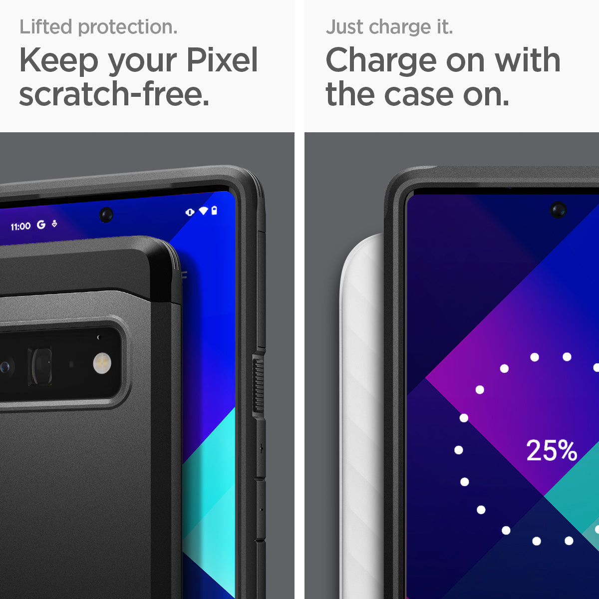 ACS03461 - Pixel 6 Pro Case Tough Armor in black lifted protection. keep your pixel scratch free. just charge it. charge on the case on.