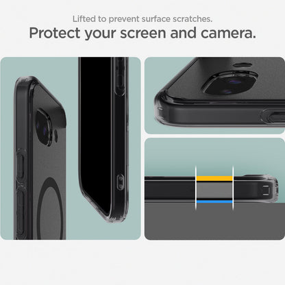 ACS09045 - Pixel 9a Case Ultra Hybrid Metal Ring (MagFit) in Frost Black showing how your screen and camera protected. Lifted to prevent surface scratches
