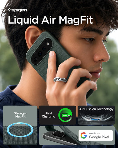 ACS11858 - Pixel 11 Pro Liquid Air (Mag Fit) Abyss Green person holding the Liquid Air MagFit case featuring a geometric textured pattern, built in magnetic ring, and Air Cushion Technology.