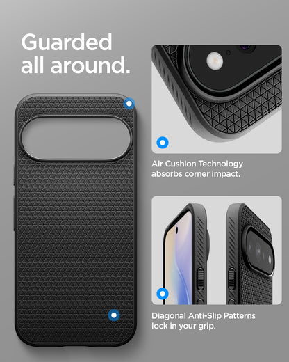 ACS11429 - Pixel 11 Pro Liquid Air (Mag Fit) Matte Black close up highlighting Air Cushion Technology, textured side grips, and corner protection.