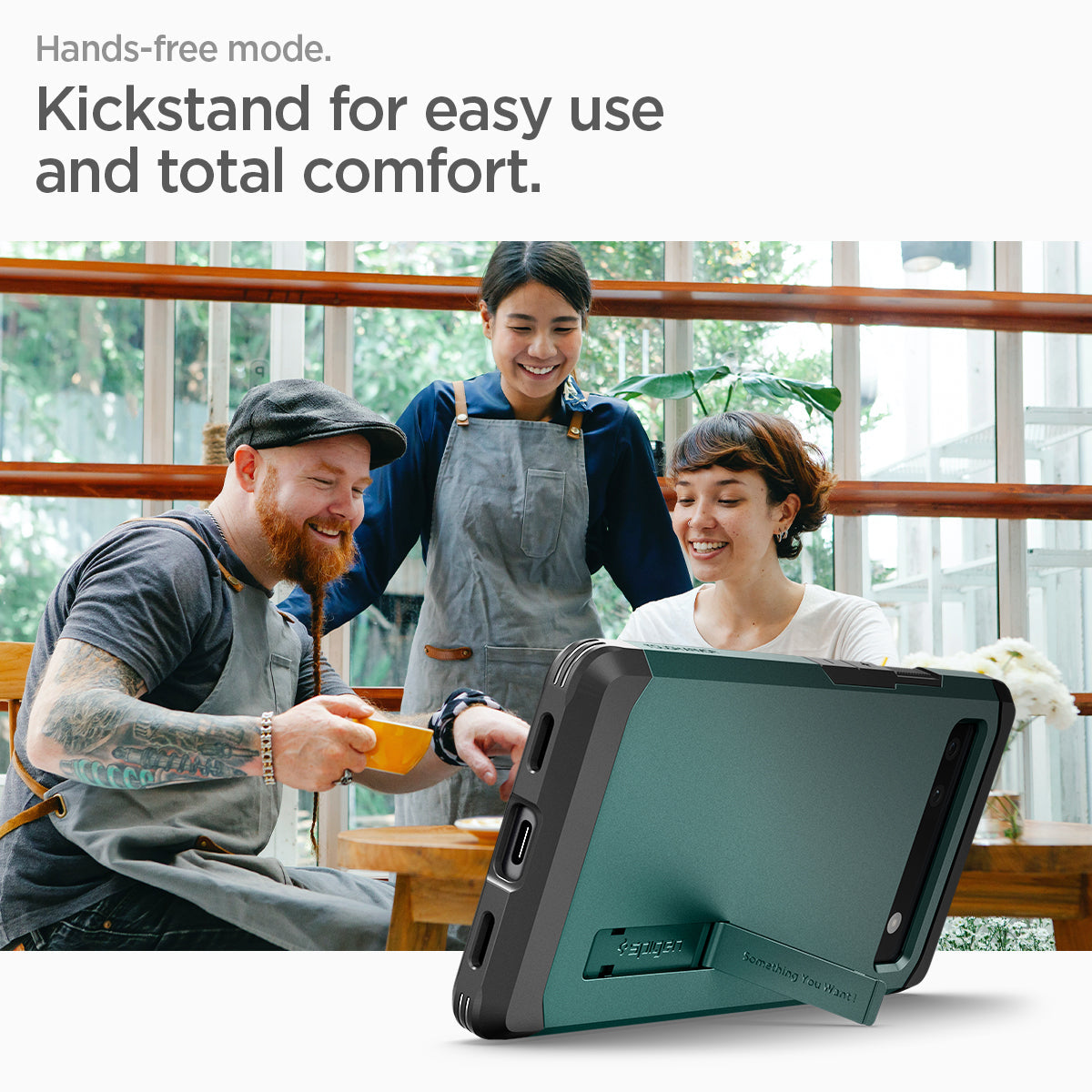 ACS04481 - Pixel 6a Case Tough Armor in midnight green hands free mode. kick stand for easy use and total comfort.
