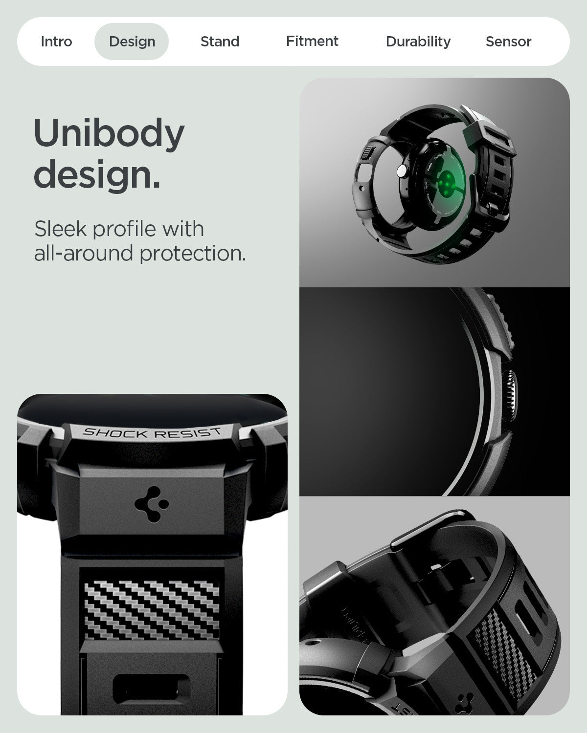 ACS09484 - Pixel Watch 5 (41mm) Rugged Armor Pro Black showing the unibody design. Sleek profile with all around protection