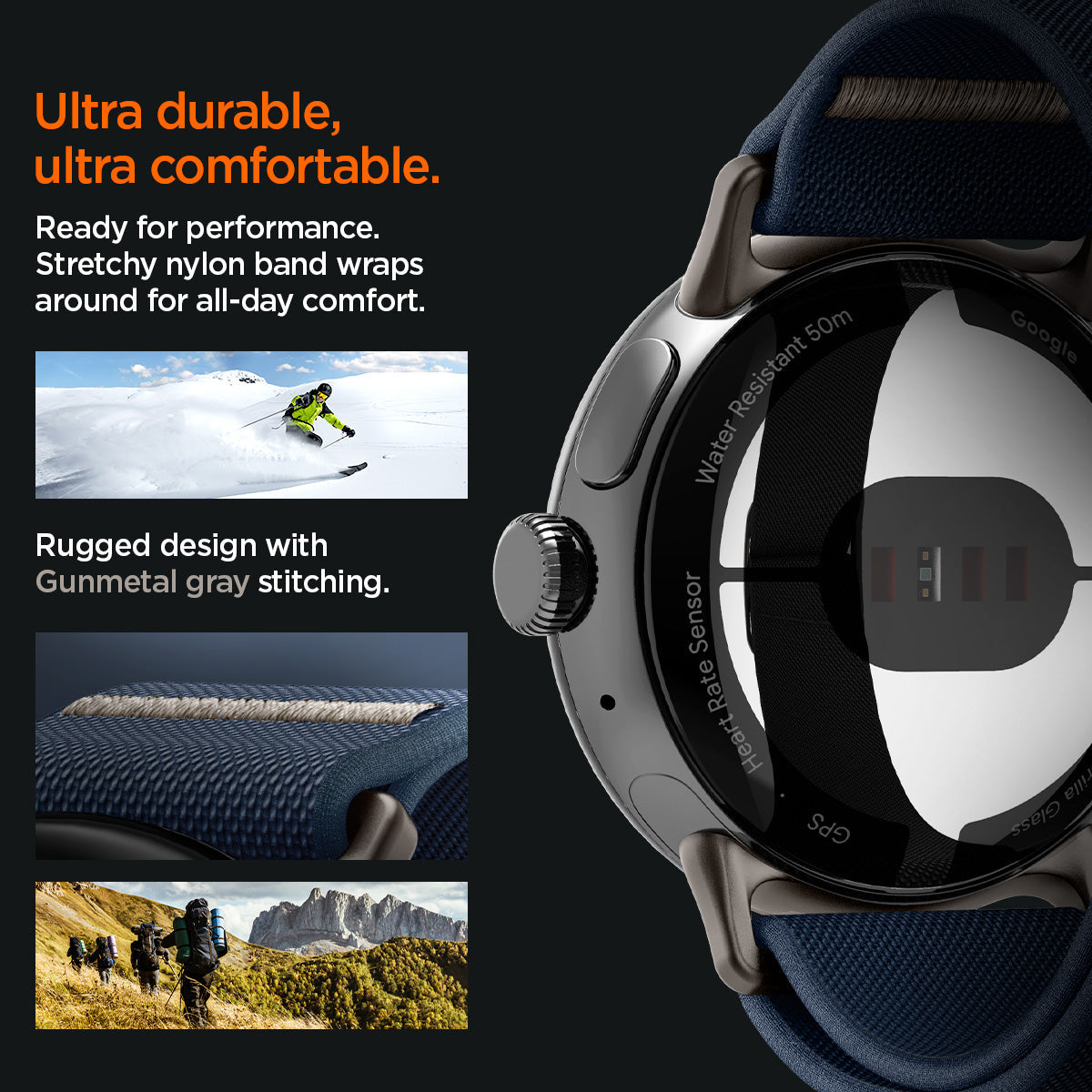 AMP07607 - Pixel Watch Lite Fit in Navy ultra durable, ultra comfortable. ready for performance stretchy nylon band wraps around for all day comfort. rugged design with gunmetal gray stitching.