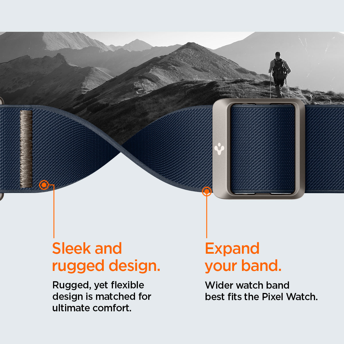 AMP07607 - Pixel Watch Lite Fit in Navy sleek and rugged design. rugged, yet flexible design is matched for ultimate comfort. Expand your band. wider watch band best fits the pixel watch.