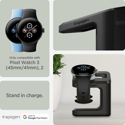 AMP073933 - Pixel Watch Stand Black S355 showing the compatibility. Only compatible with Pixel Watch 3 (45mm/41mm), 2, stand in charge