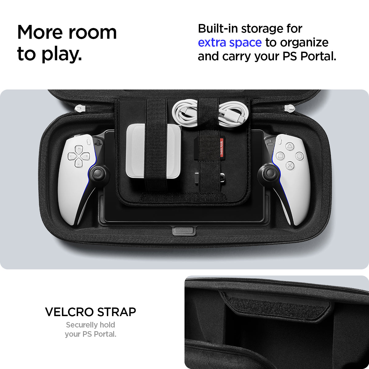 AFA07236 - PlayStation Portal Rugged Armor Pro Pouch in Black showing the built-in storage for extra space to organize and carry your PS Portal with velcro strap, securely hold your PS Portal