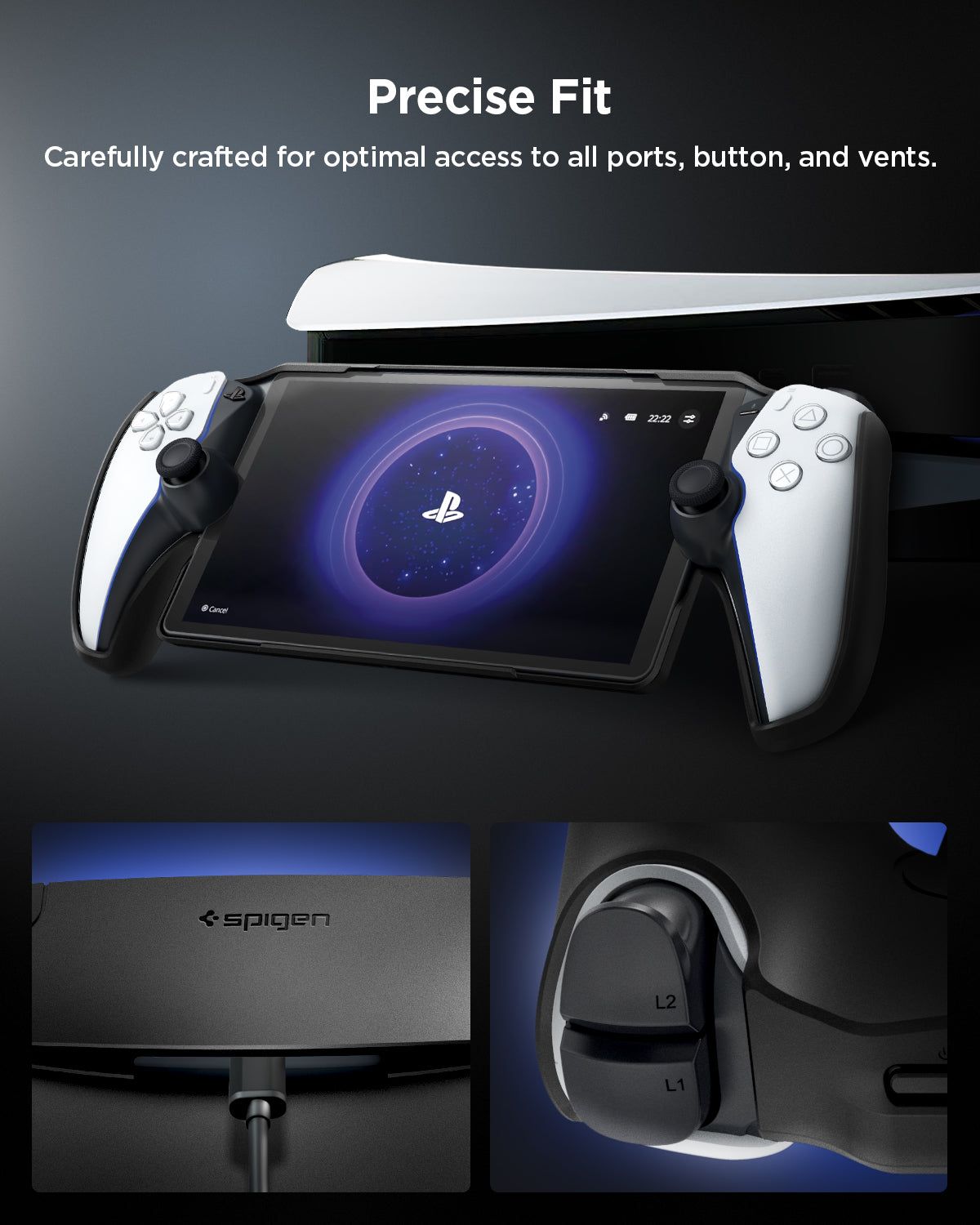 ACS07235 - Playstation Portal Case Thin Fit in black showing the precise fit. Carefully crafted for optimal access to all ports, button, and vents
