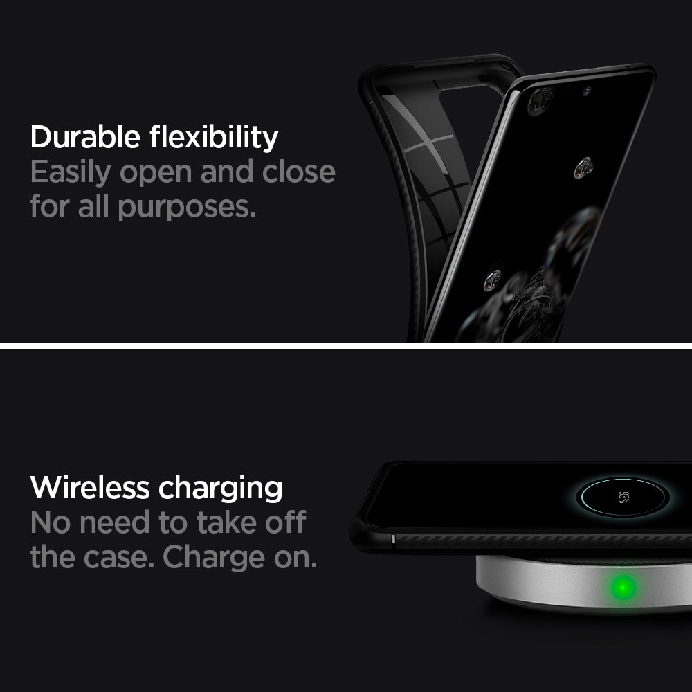 ACS00711 - Galaxy S20 Ultra Rugged Armor Case in black durable flexibility. Easily open and close for all purpose. wireless charging no need to take off the case. charge on.
